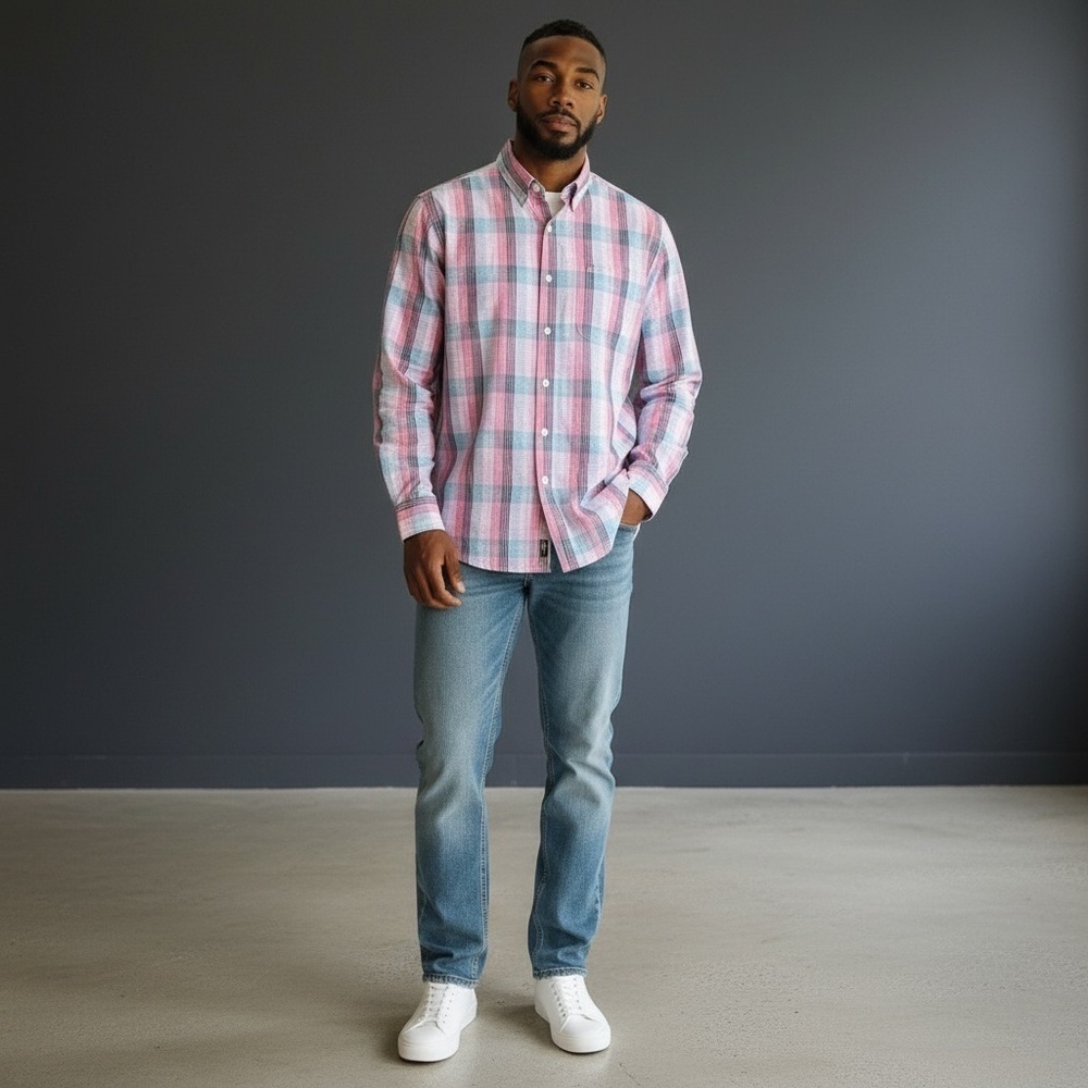 Tasso Elba Men’s Plaid Button Down Shirt. Pink and Blue. Size M #1136